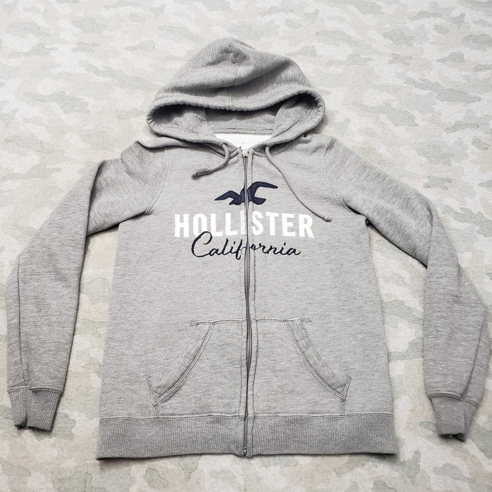 Hollister California Sweatshirt Womens‎ Small Gray Full Zip Hooded Embroidered